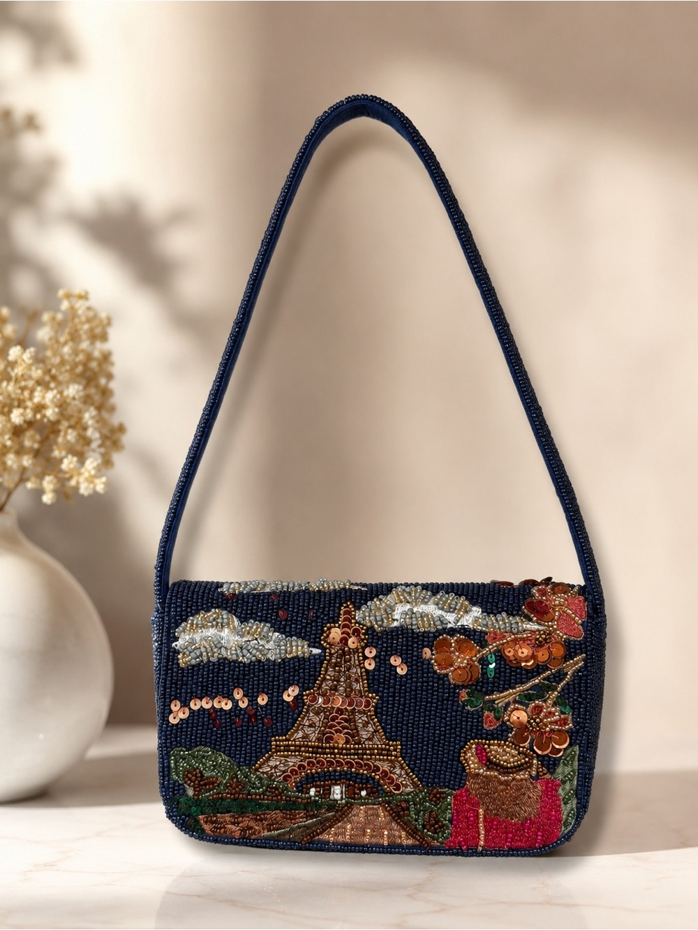 Navy Blue Beaded Eiffel Tower Shoulder Bag